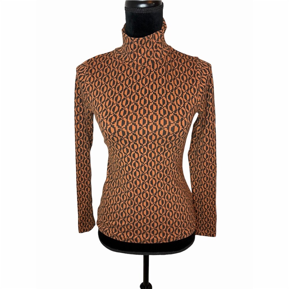 Maeve Anthropologie Top Womens XS Brown Black Geometric Mock Neck Long